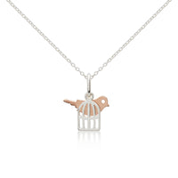 A Sterling Silver cage necklace with a rose gold bird sitting on top. A necklace for girls and teens to wear