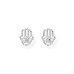 Hamsa Hand Stud Earrings in sterling silver with a CZ diamond in the middle